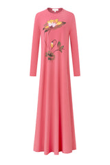 Pink ankle-length nightgown with long sleeves and a floral front print