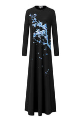 Black long-sleeve nightgown with a floor-length skirt and blue blossom print