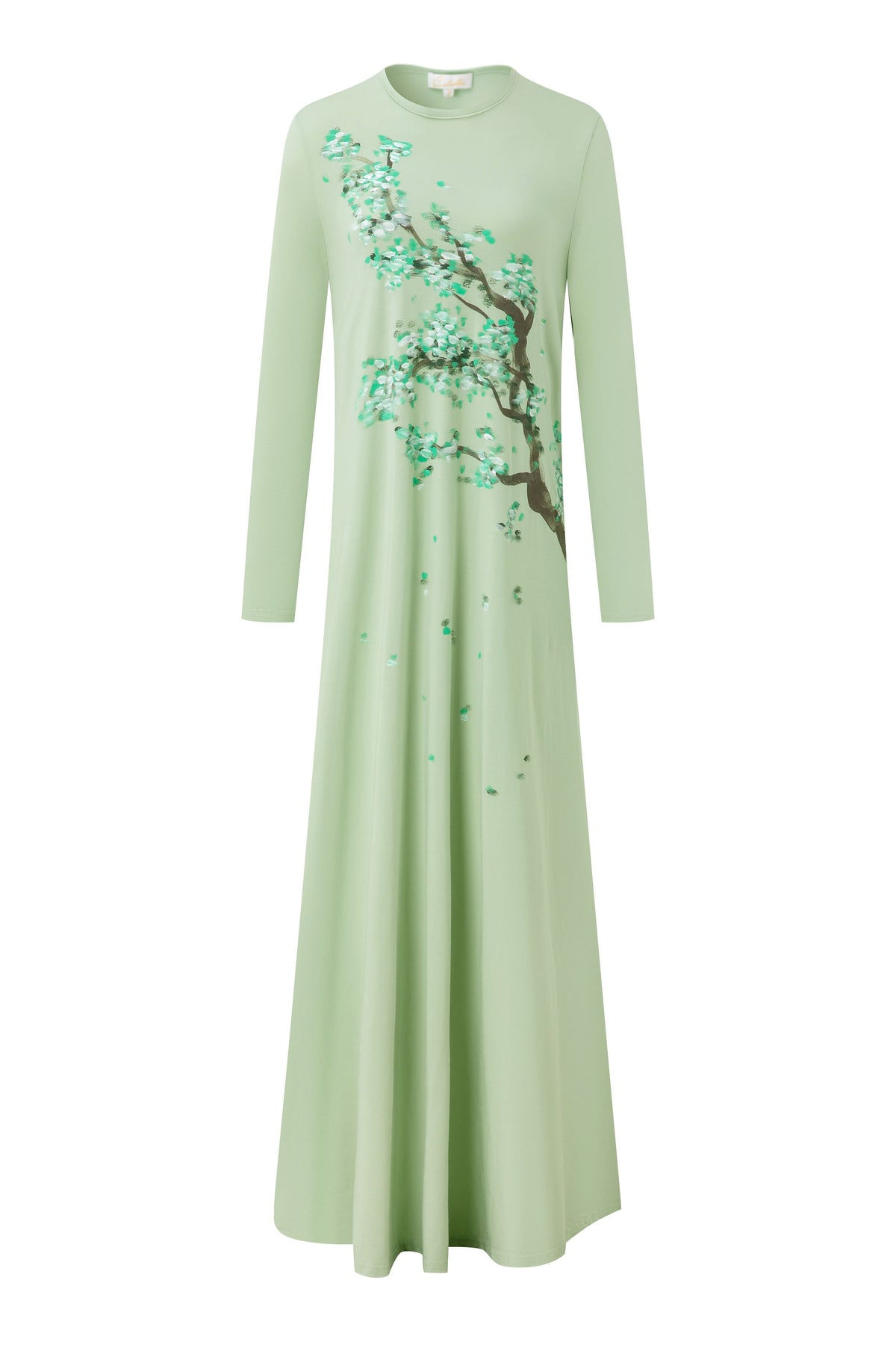 Long-sleeve nightgown in pale green with a floor-length skirt and flowering tree print