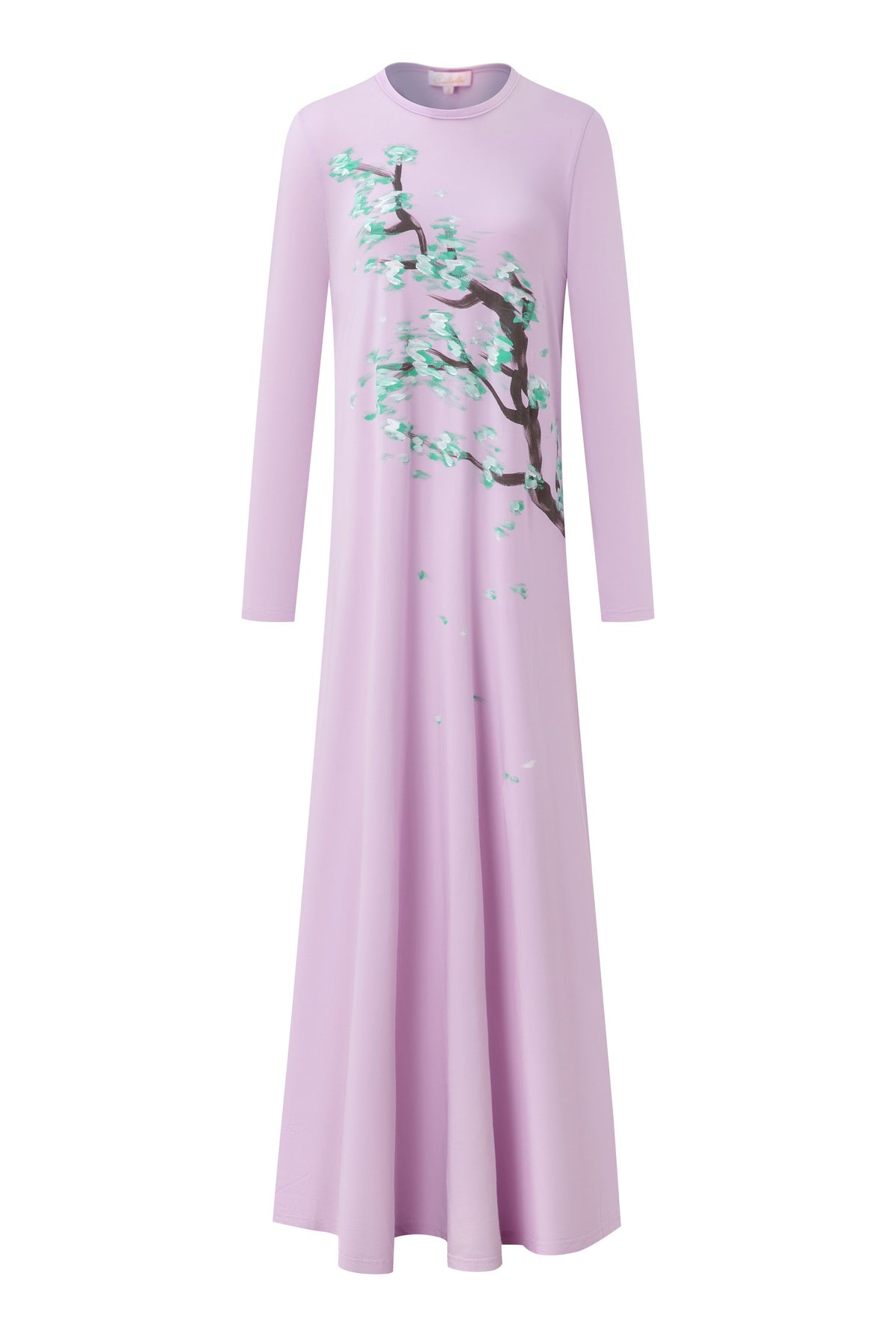 Light purple long-sleeve nightgown with a floor-length skirt and flowering branch print