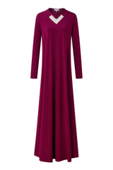 Wine-colored nursing nightgown with long sleeves, a white V-neck accent, and a floor-length skirt.