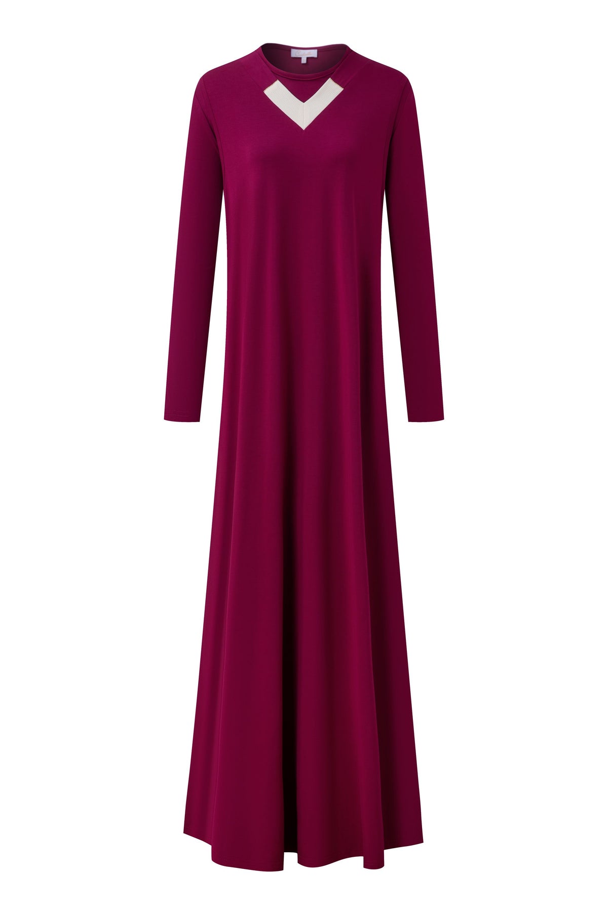 Wine-colored nursing nightgown with long sleeves, a white V-neck accent, and a floor-length skirt.