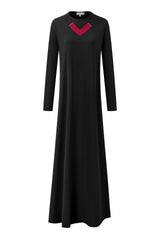 Black long-sleeve nursing nightgown with a red contrast V-neck and full-length flared skirt