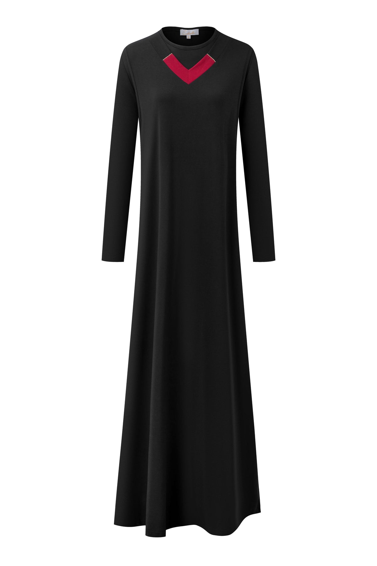 Black long-sleeve nursing nightgown with a red contrast V-neck and full-length flared skirt