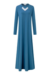 Blue nursing nightgown with long sleeves, floor-length skirt, and white V-neck trim