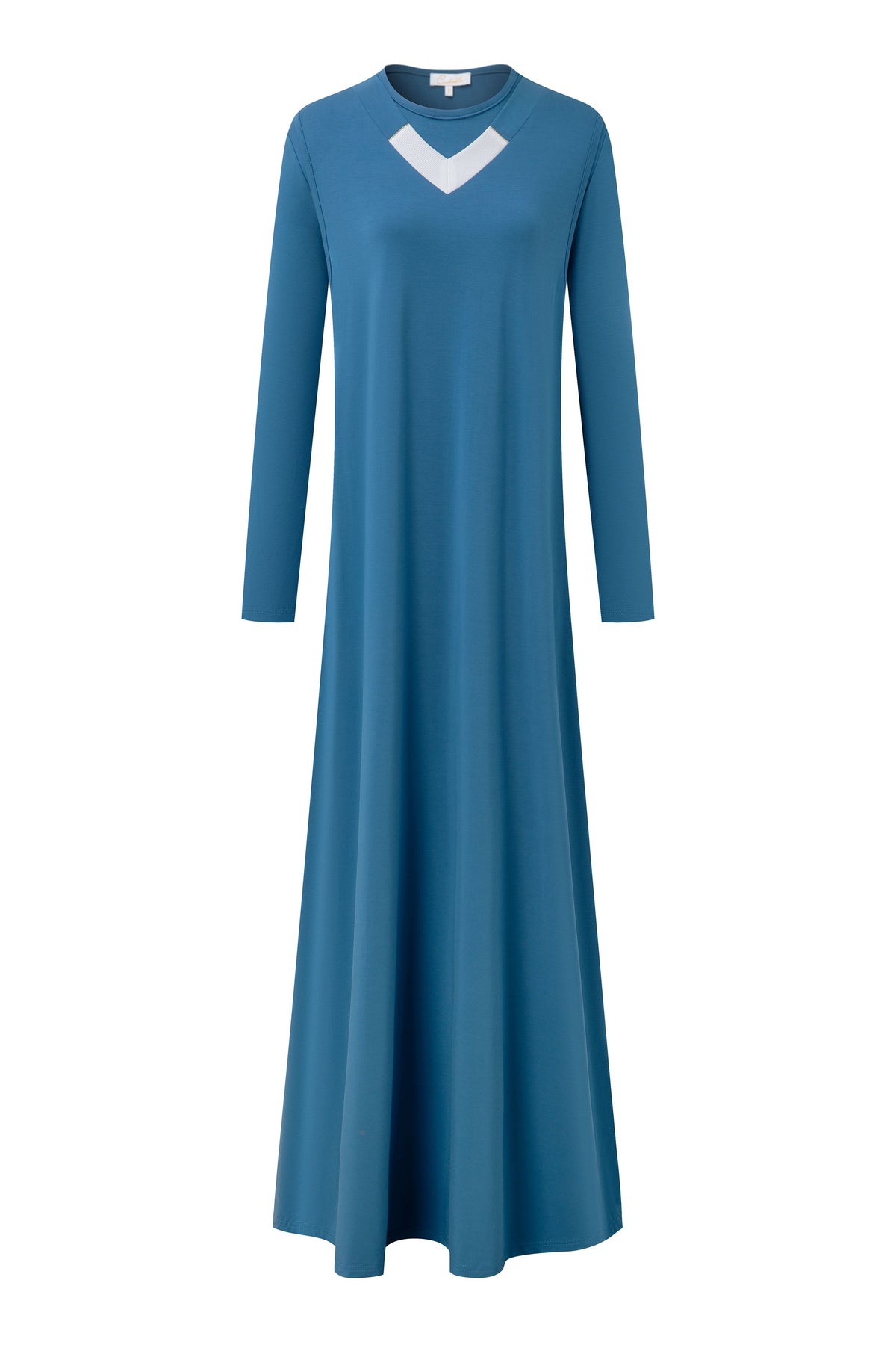 Blue nursing nightgown with long sleeves, floor-length skirt, and white V-neck trim