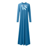Full-length blue nightgown with long sleeves, a round neckline, and a white flower motif with a red center.