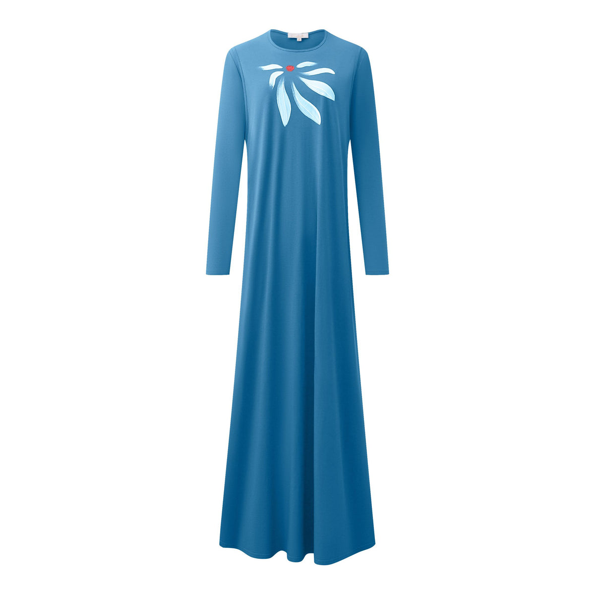 Full-length blue nightgown with long sleeves, a round neckline, and a white flower motif with a red center.