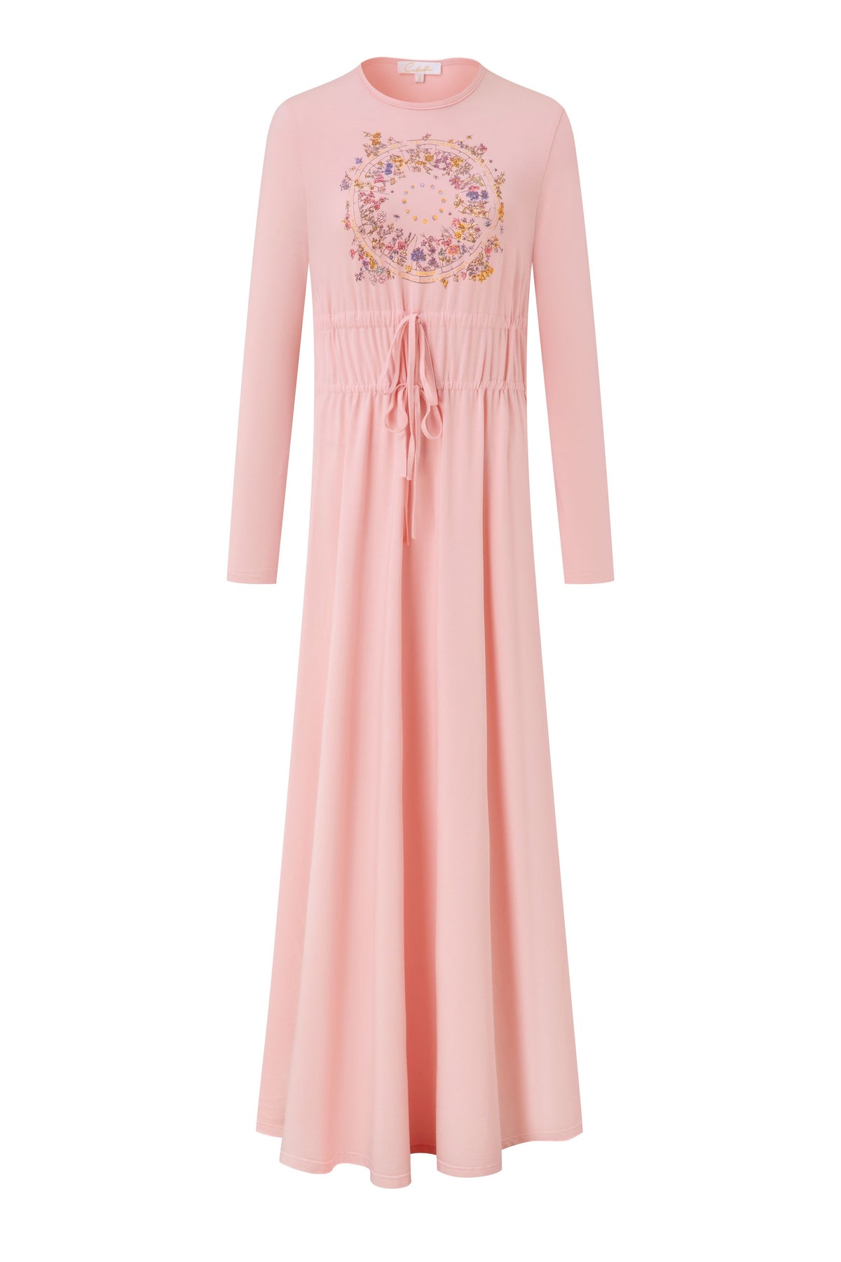 Pink long-sleeve nightgown with floral medallion, gathered drawstring waist and flowing skirt