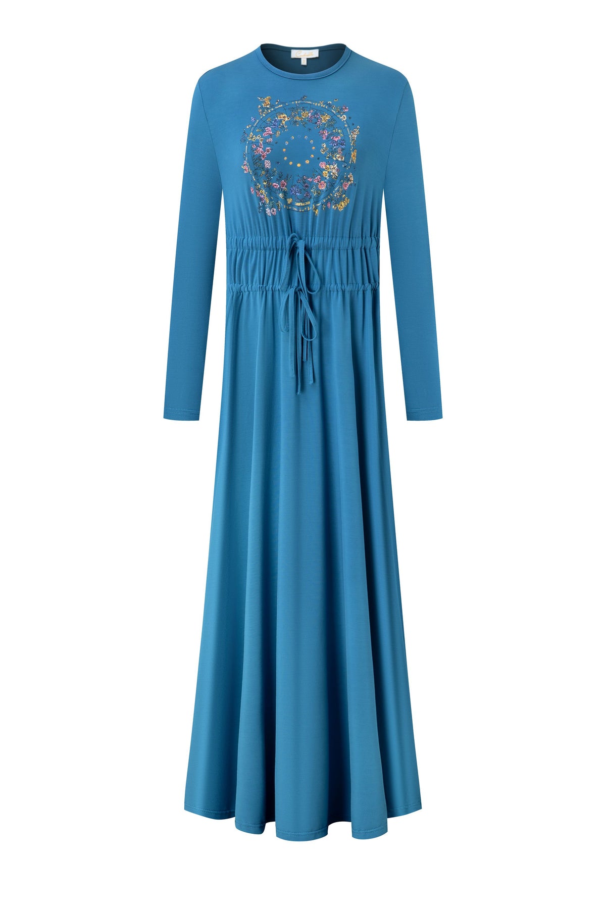 Blue long-sleeve nightgown with floral medallion print and drawstring waist