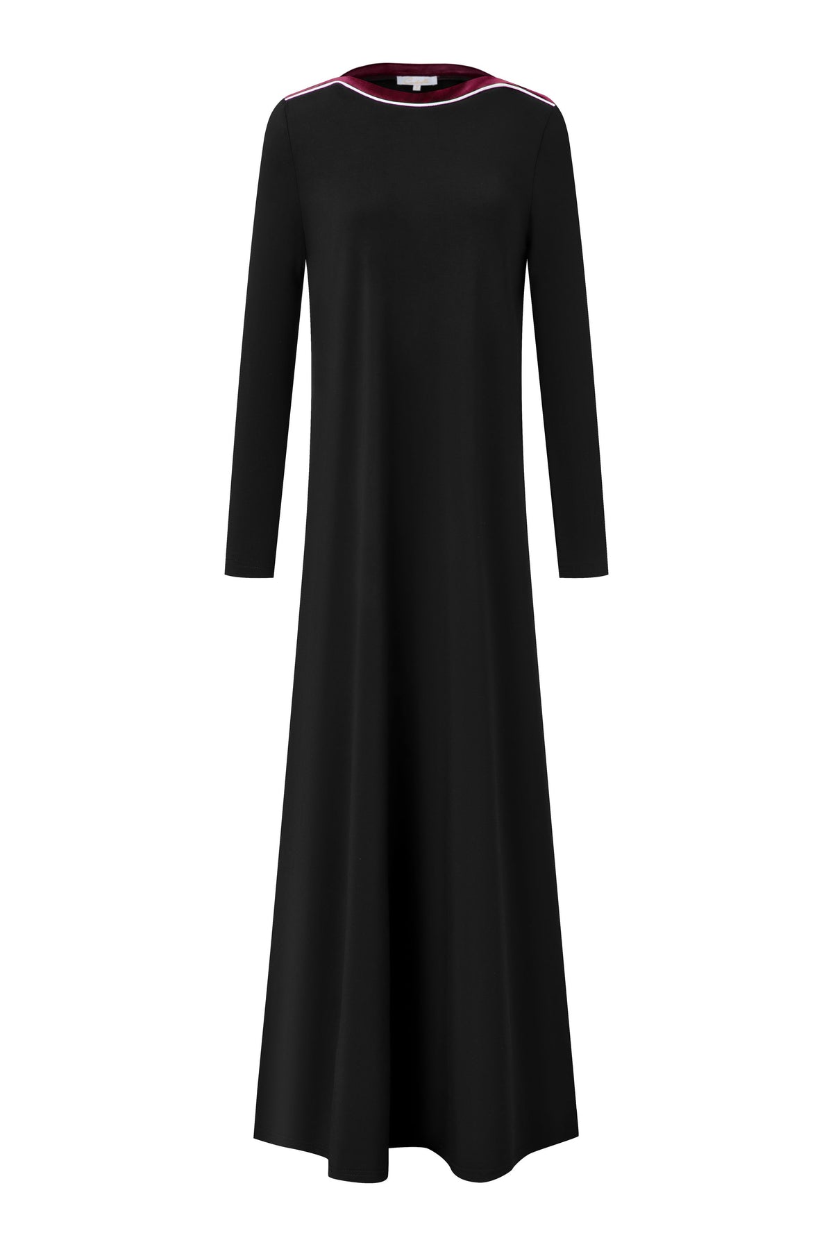 Black long-sleeve maxi nightgown with contrasting velvet trim around the neckline