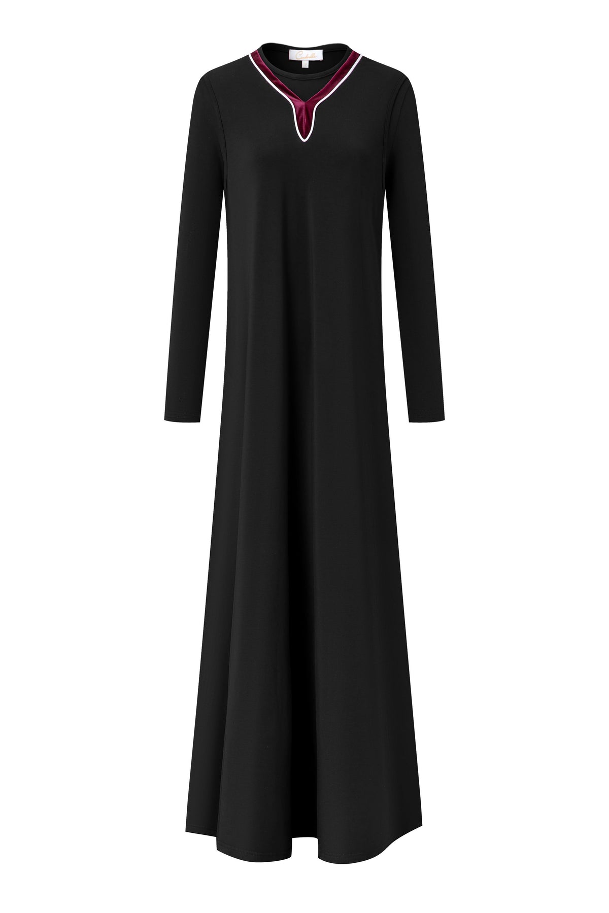Full-length black nursing nightgown with long sleeves and contrast trim around the neckline.