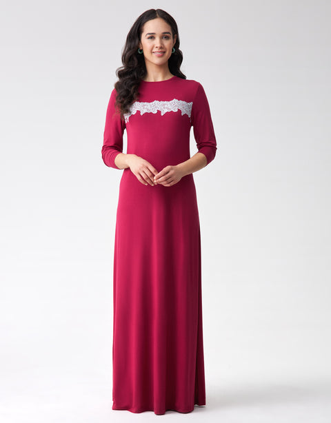 Pull On Nightgown with Horizontal Lace Strip Dark Red