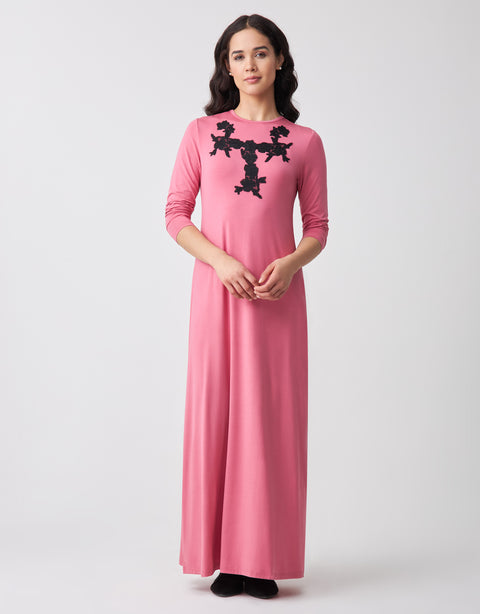 Pull On Nightgown with Contrast Lace Appliqué Pink