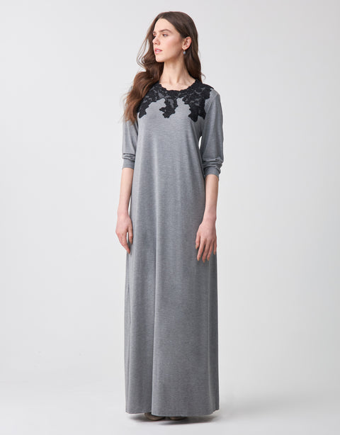 Pull On Nightgown with Lacey Neckline Heather Gray with Black