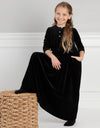 Girls Velour Maxi Dress Shabbos Robe with Patch Pockets and Jewel Buttons Black