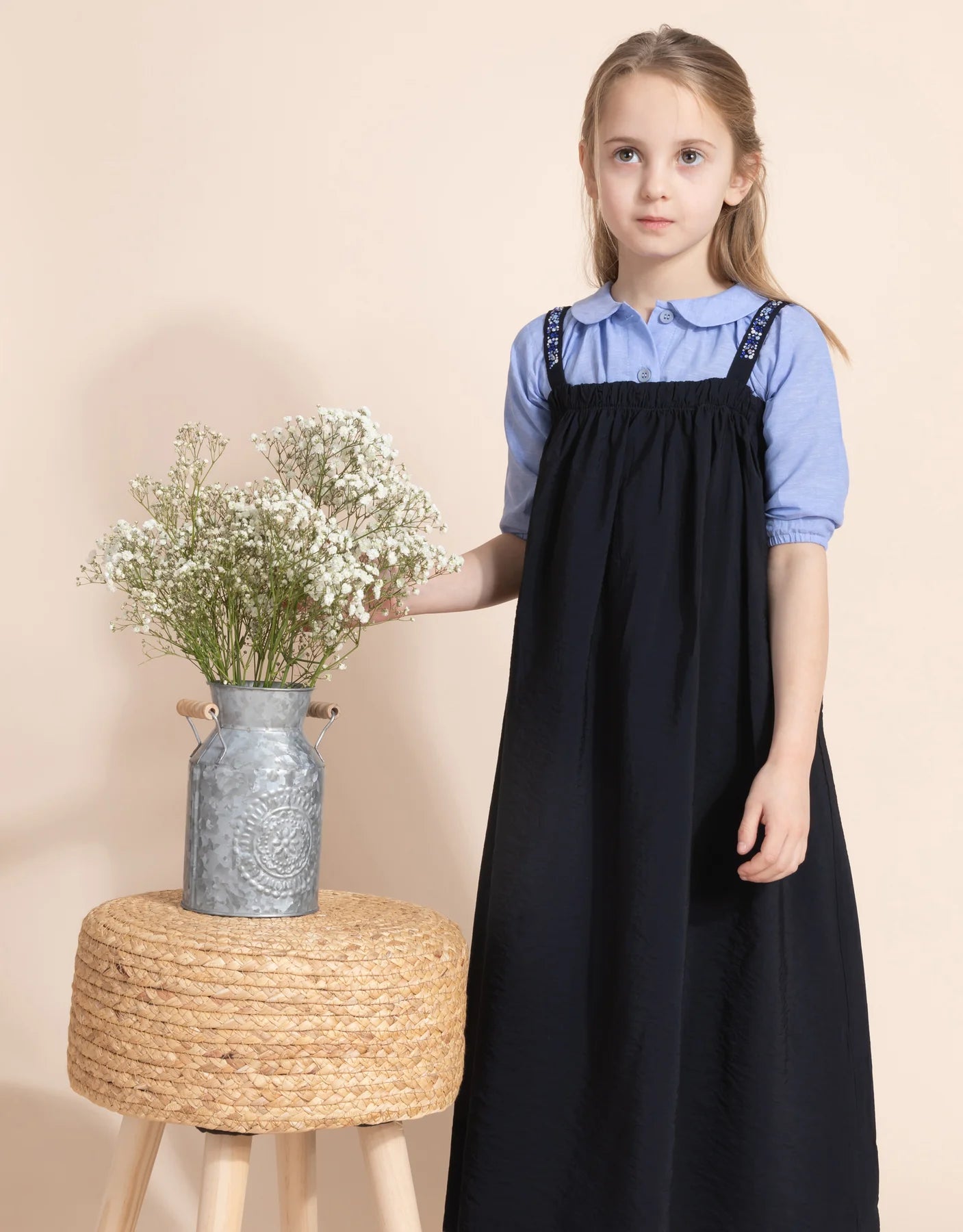 Girls Long or Short Woven Jumper with Shirring and Embellished Straps Navy