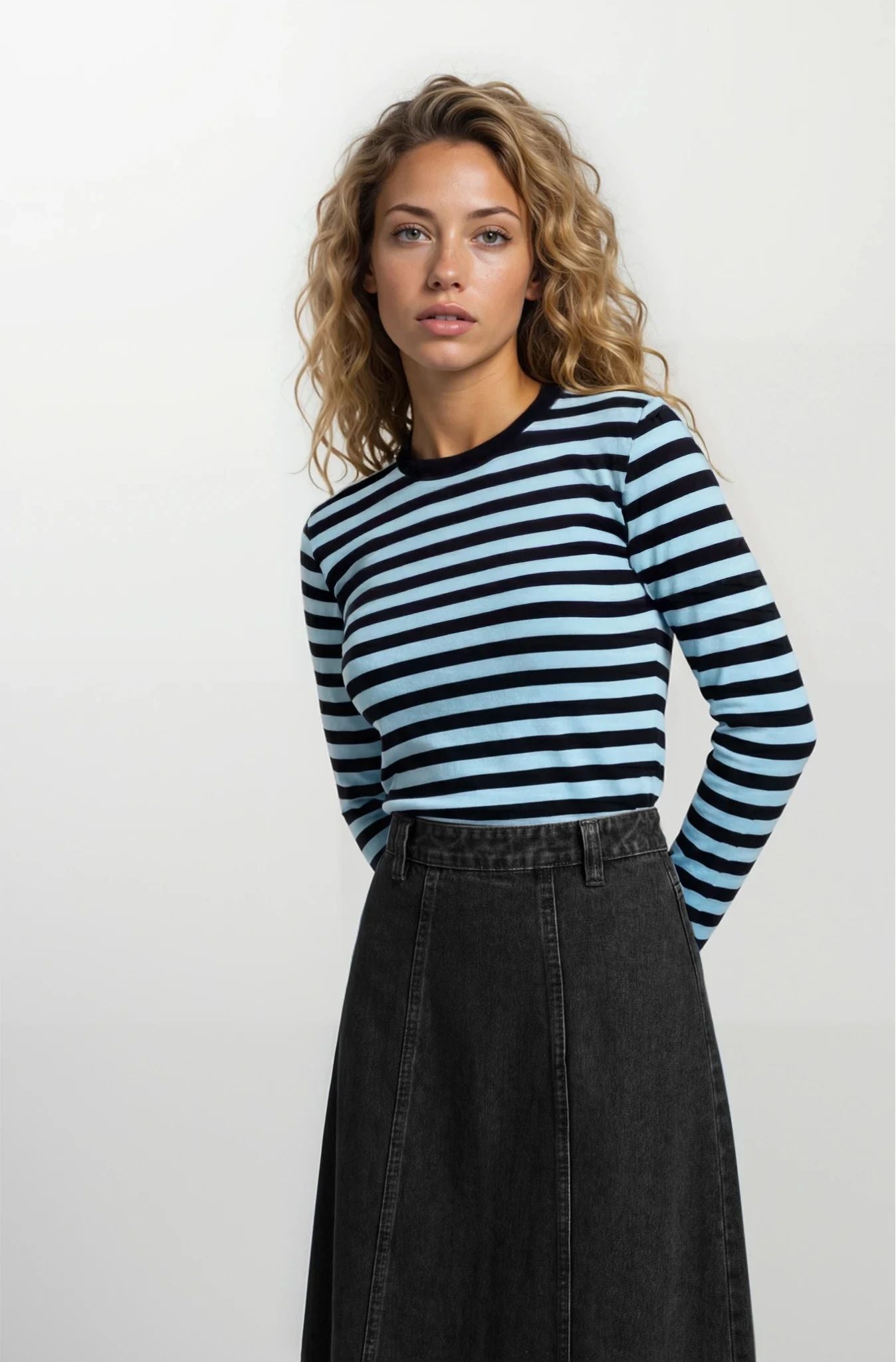 Striped Ribbed Tee Top Aqua