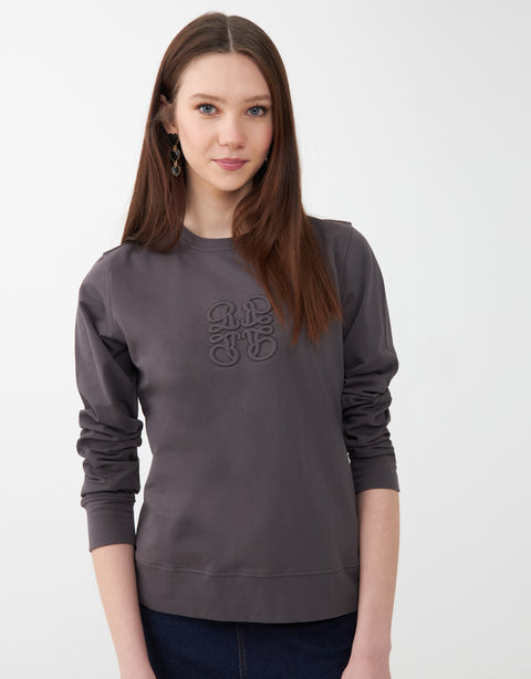 French Terry Stretch Crew Top with Corded Logo Motif Gray