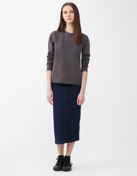 French Terry Stretch Crew Top with Corded Logo Motif Gray