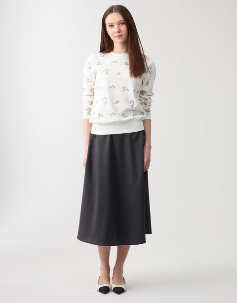 SuperSoft Jersey Crew Top with Floral Embroidery Ivory Gray