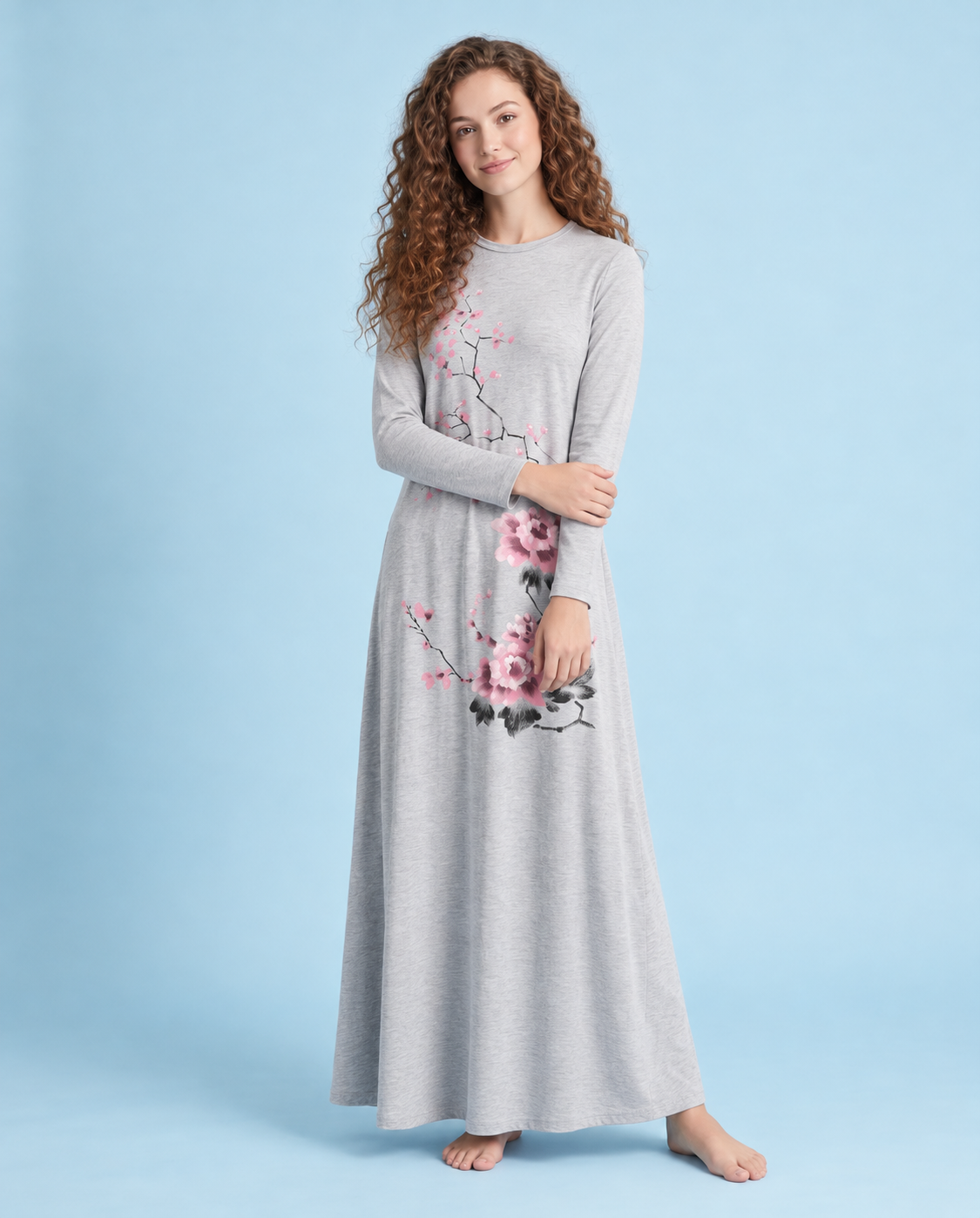 Heather gray floral nightgown worn on a model, with long sleeves and a flowing full-length skirt