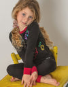 Pima Cotton Fuzzy Flowers Kids Pajamas Legging Playwear Set Black