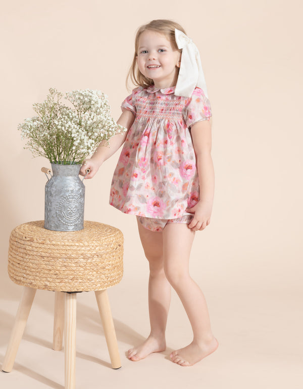 Toddler Girl Smocked Playwear Bloomer Set Floral Print Pink