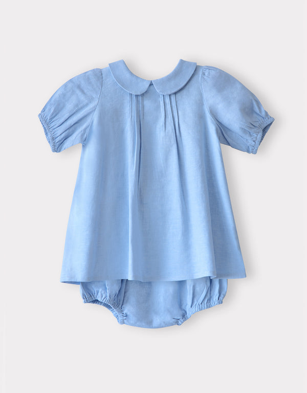 Toddler Girl Pintucked Linen Playwear Bloomer Set Light Blue