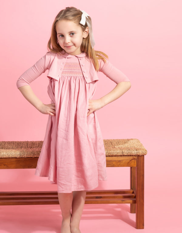 Girls Long or Short Smocked Sleeveless Dress Pink