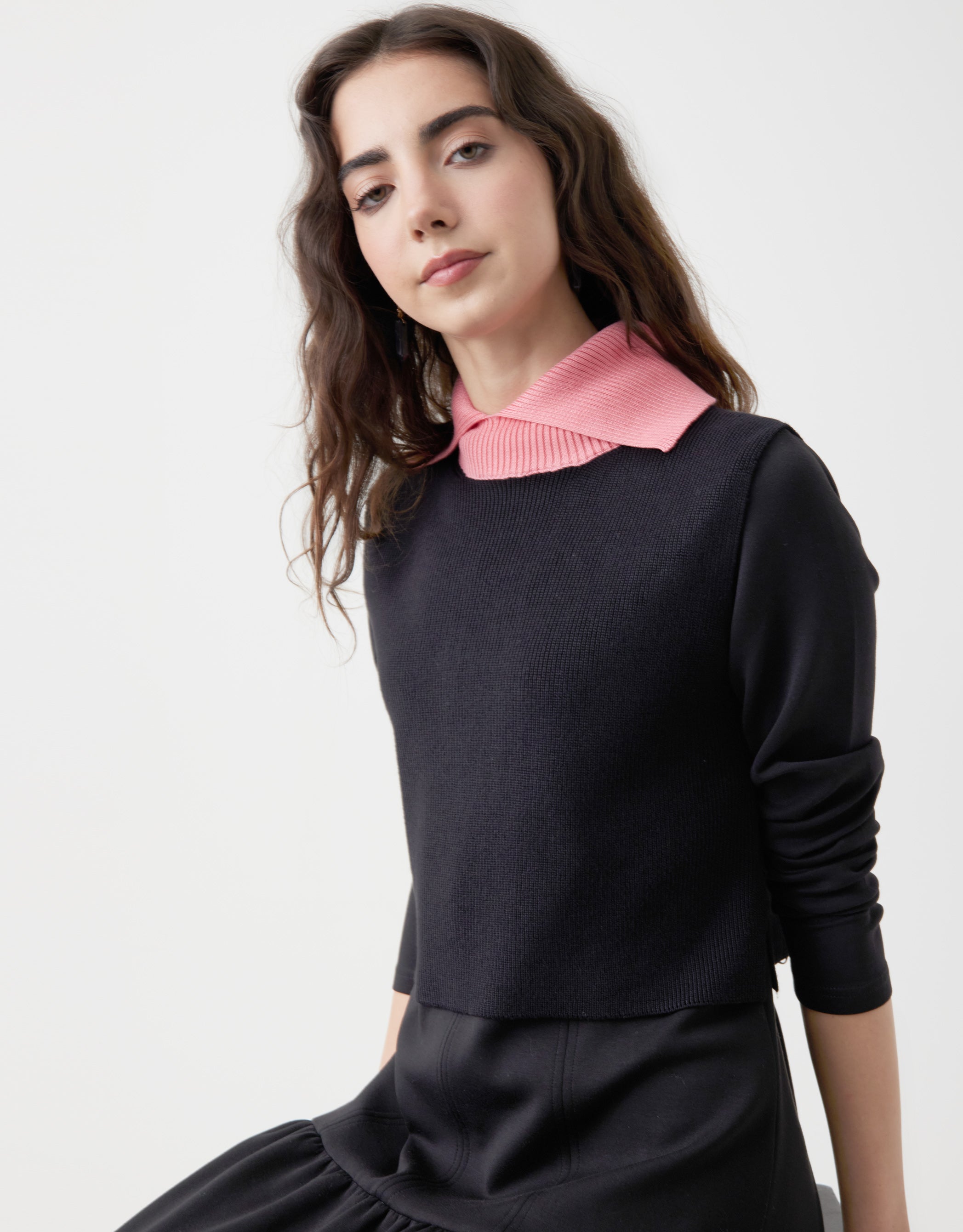 Split Collar Color Block Knit Vest Black - MUST BE PURCHASED WITH