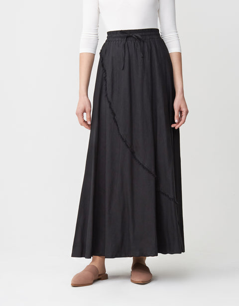 40" Lined Elastic Waist Soft Woven Linen Blend Aline Skirt with Frayed Edge Detail Black
