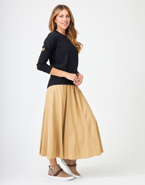34" Lined Elastic Waist Soft Woven Linen Blend Aline Skirt Tan