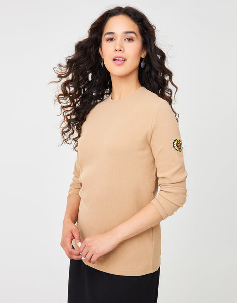 Ribbed Crew Tee with Applique Tan