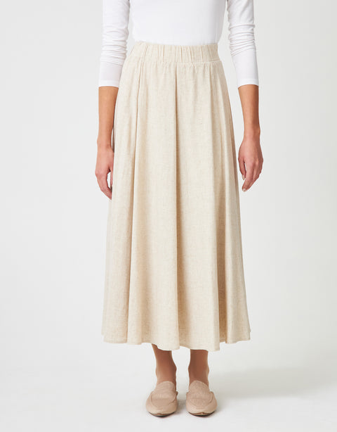 34" Lined Elastic Waist Soft Woven Linen Blend Aline Skirt Beige Heather