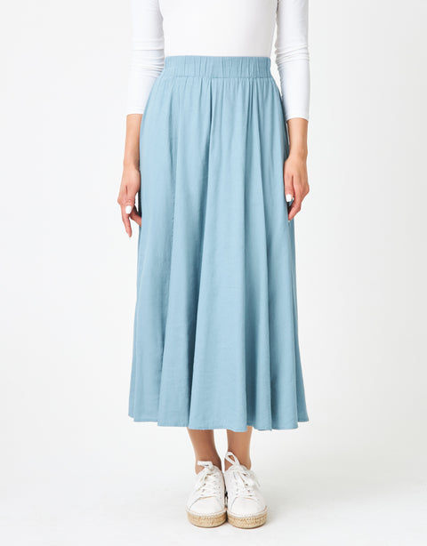 34" Lined Elastic Waist Soft Woven Linen Blend Aline Skirt Blue