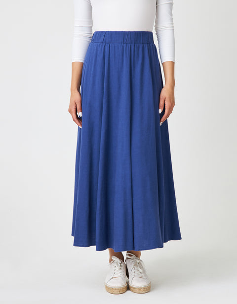 34" Lined Elastic Waist Soft Woven Linen Blend Aline Skirt Ceil Blue