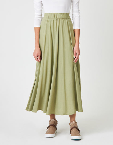 34" Lined Elastic Waist Soft Woven Linen Blend Aline Skirt Sage
