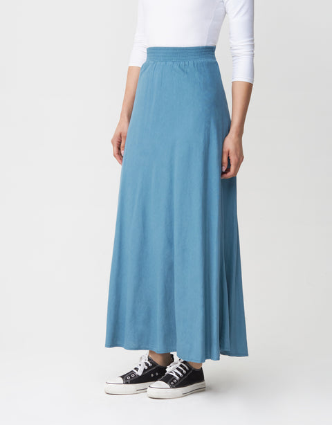 39" Lined Elastic Waist Soft Woven Linen Blend Aline Skirt Teal