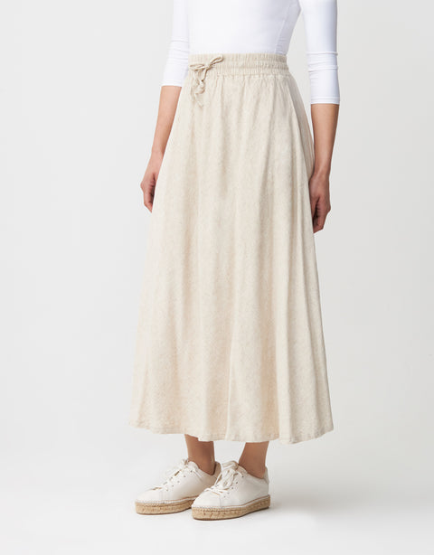 34"-40" Lined Elastic Waist Soft Woven Linen Blend Aline Skirt with Drawstring Oatmeal Heather