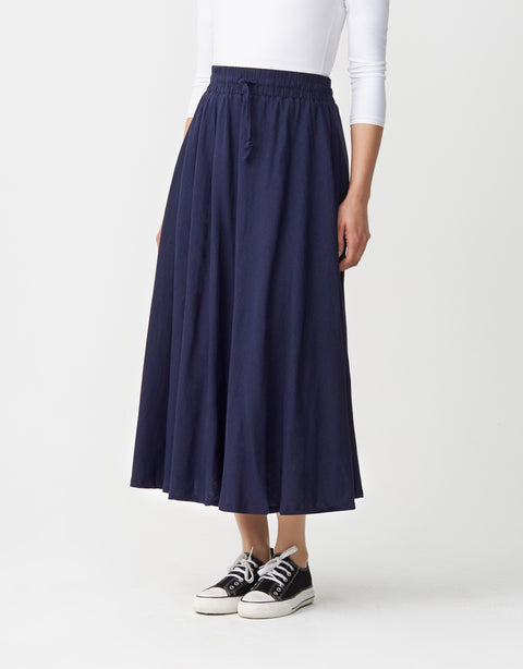 34"-40" Lined Elastic Waist Soft Woven Linen Blend Aline Skirt with Drawstring Navy