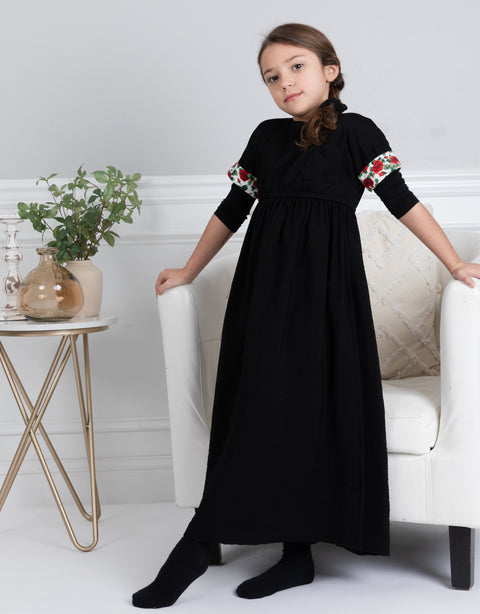 Girls Maxi Dress Shabbos Robe with Floral Cuffs and Attached Shell