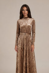 Elegant Golden Velvet Belted Maxi Dress