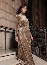 Elegant Golden Velvet Belted Maxi Dress
