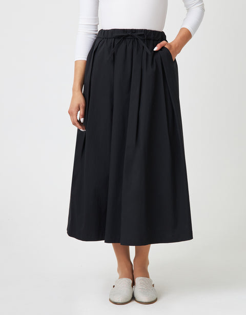 33" Elastic Waist Poplin Pleat Skirt with Drawstring Bow Black