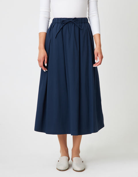 33" Elastic Waist Poplin Pleat Skirt with Drawstring Bow Navy