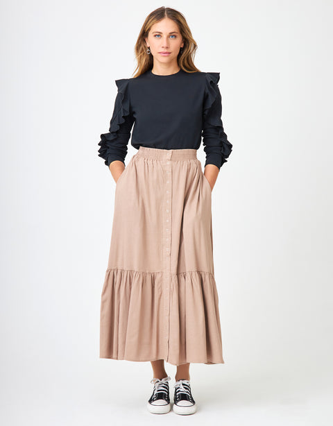 36" Lined Snap Front Tiered Skirt with Elastic Waistband Khaki