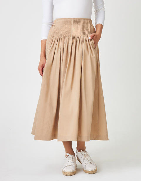 33" Pintucked Poplin Skirt with Back Elastic Tan
