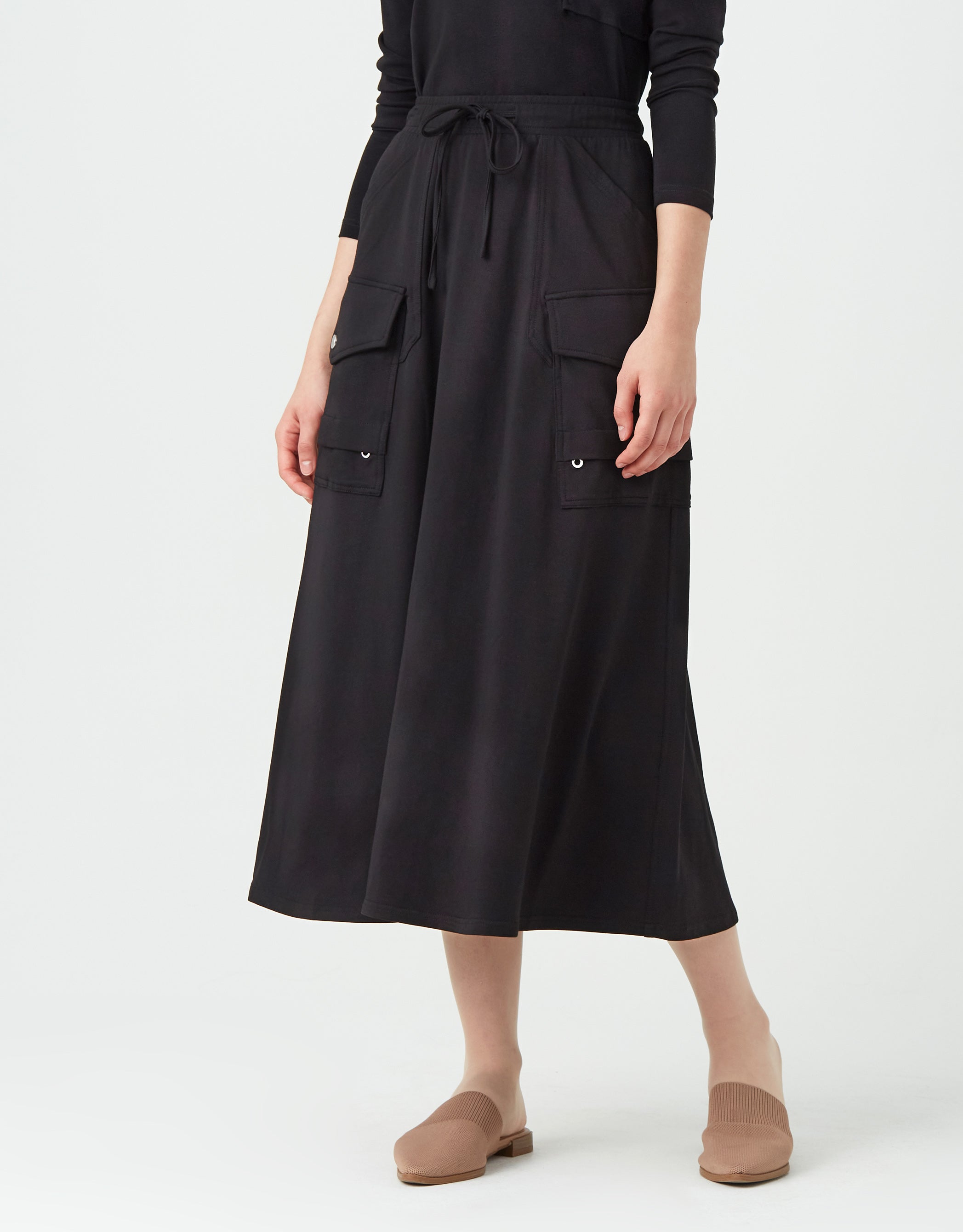 33" Jersey Multi Pocket Aline Skirt with Drawstring Waist Black
