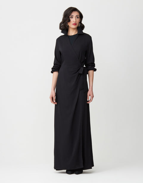 Rayon Mock Wrap Maxi Dress with Collar and Self Tie Bow